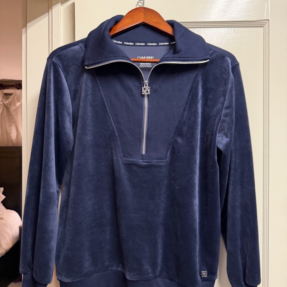 NWOT Calvin Klein Blue Velvet Half Zip - Picture 2 of 4